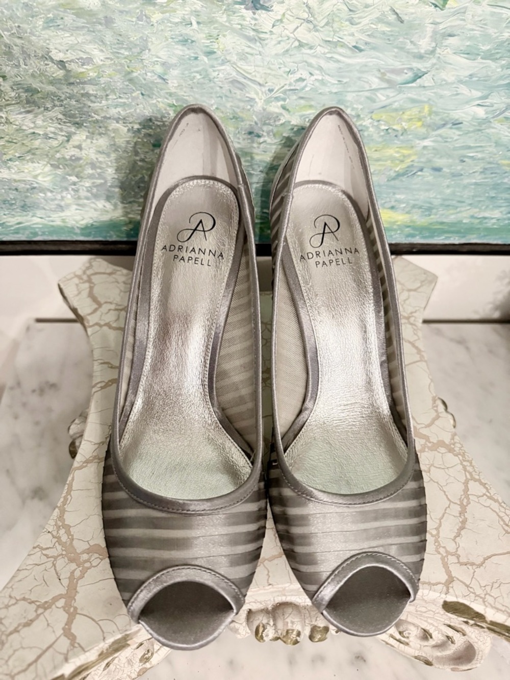 Adrianna Papell Silver Striped Satin Peep-Toe Pumps